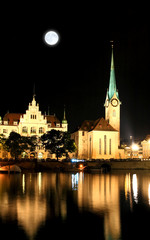 The night view of major landmarks in Zurich