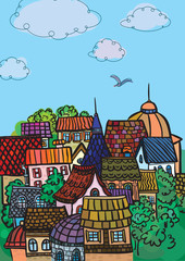 Vector of city, colorful roofs