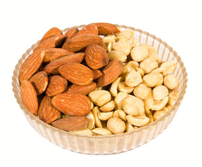 Almond and peanut nuts mixed. Isolated with clipping path
