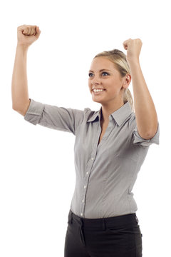 Excited young business woman with her clenched fist,  Yes!