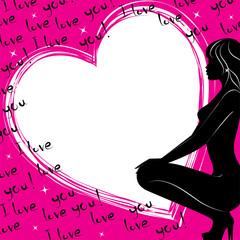 love card with girl silhouette and hearts