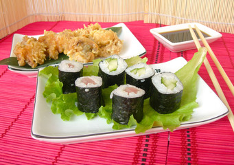 Rolls with cucumber and salmon.