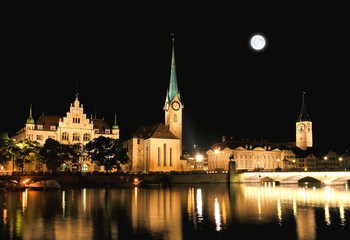 The night view of major landmarks in Zurich