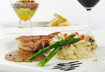 Asparagus with rice, meat and gravy (Selective Focus)
