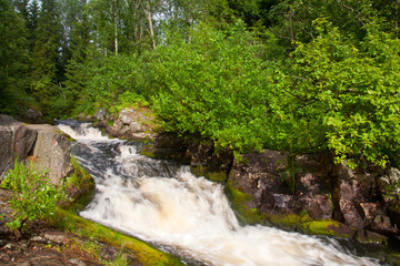 Obraz premium Beautiful landscape with wood and a waterfall.