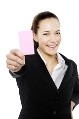 businesswoman holding sheets of paper on white background