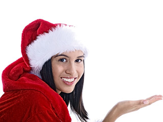 smiling santa girl showing a product