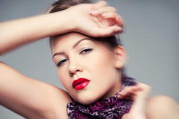 Closeup portrait of young rock girl. Red lips