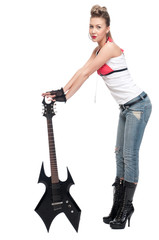 Fototapeta na wymiar Young rock woman with electric guitar