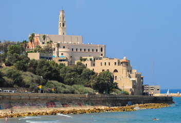 Naklejka premium Saint Peter Church and monastery in Old Jaffa as seen from Tel-Aviv side. 
