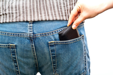woman stealing a wallet from man's back pocket isolated on white