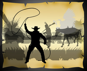 action west with indians and cowboy on a old paper background