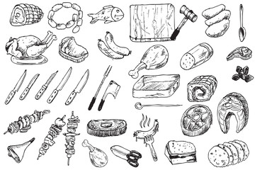 hand draw food butcher collection
