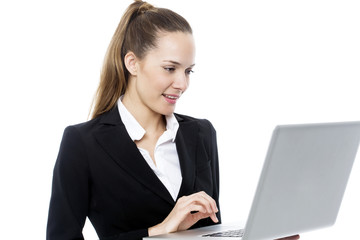 young businesswoman with laptop on white background studio