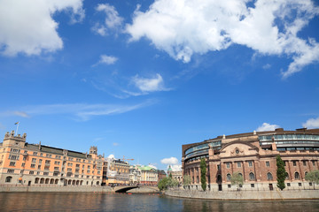 Fototapeta premium Stockholm city skyline with Swedish Parliament Riksdag building and river Stokholm