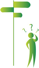 human in confusion standing below signboard