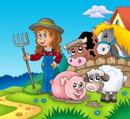 Poster Ferme Fille de la campagne avec des animaux de la ferme