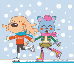Dog and cat couple ice skating