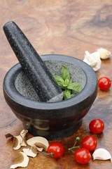 Spices, herbs and mortar with pestle