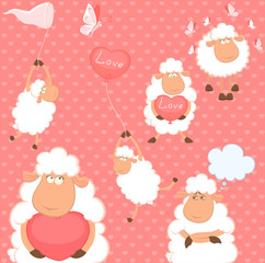 Vector set of cartoon funny sheep with heart