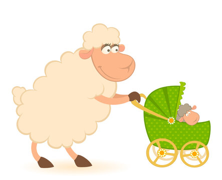 Cartoon smiling sheep with scribble baby carriage