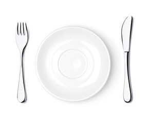 Fork, knife and empty white plate