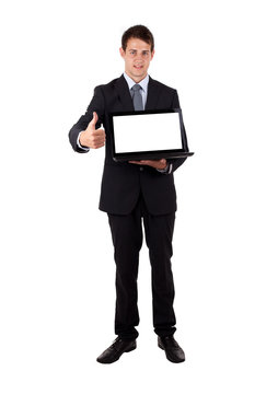 Happy businessman with thumbs up gesture