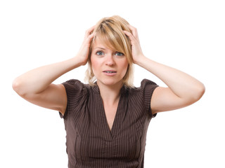 scared businesswoman with hands on the head isolated on white