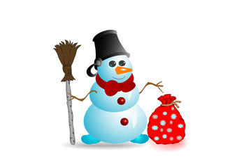 Illustration the Snowman of blue colour with red bow