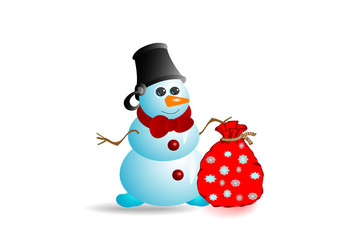 Illustration the Snowman of blue colour with red bow