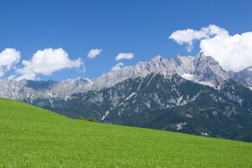 Obraz premium Alpen-Panorama - Wiesen-Berge-Blauer Himmel