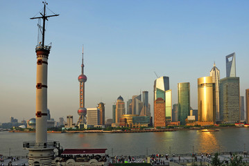 China Shanghai Pudong skyline at sunset.