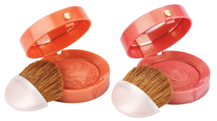 Two multicolored eye shadows with brush over white