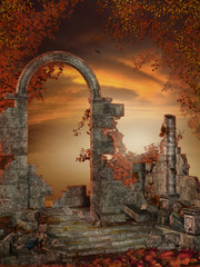 Gotyckie ruiny z jesiennym bluszczem - obrazy, fototapety, plakaty