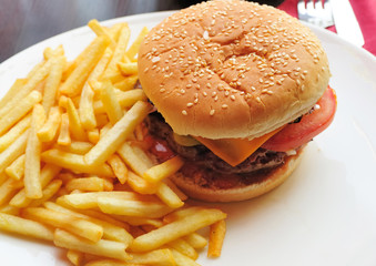 American cheese burger with fresh salad