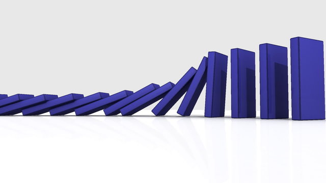 3D blue dominos falling against a white background