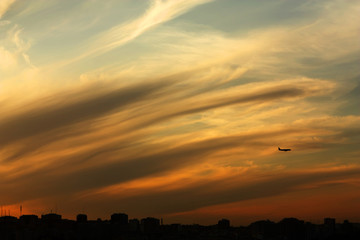 City skyline at sunset