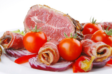 served beef rolls with chunk on white