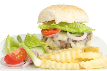 Closeup of a cheeseburger and chips