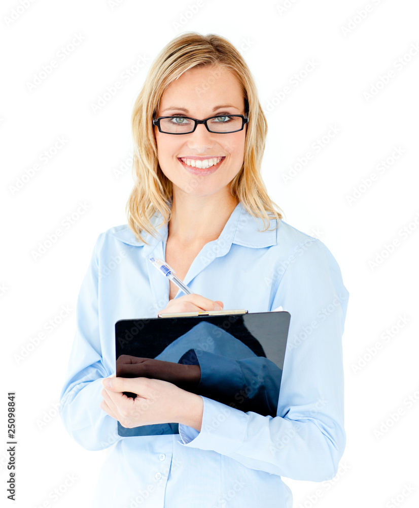 Sticker Self-assured businesswoman holding clipboard