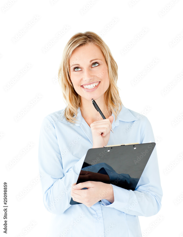 Canvas Prints Thoughful young businesswoman holding a clipboard