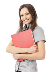Happy businesswoman with red folder, isolated on white