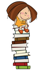 Girl sitting on a big pile of books