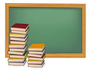 Some books in front of blackboard. Vector.