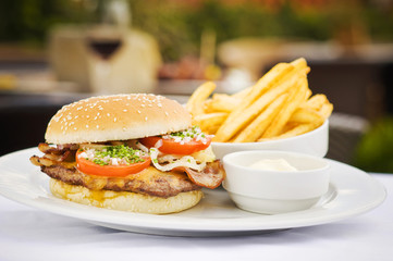 Hamburger with french-fried potatoes