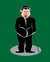 Pig cartoon, comic, imitation of Chaplin, vector