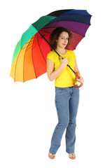 young beauty woman in yellow shirt with multicolored umbrella