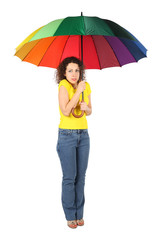 frozen woman in yellow shirt with multicolored umbrella