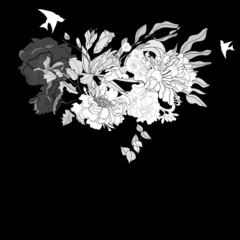 Papier Peint photo Lavable Fleurs noir et blanc Modèle de carte de voeux