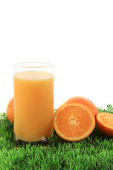 Orange juice and fruit on grass
